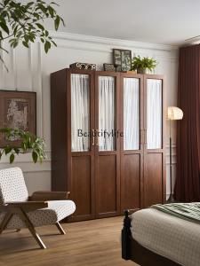 French retro solid wood wardrobe antique bedroom gauze curtain glass wardrobe home
