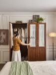 French retro solid wood wardrobe antique bedroom gauze curtain glass wardrobe home