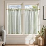 jinchan Linen Kitchen Curtains 36 Inch Length Striped Tier Curtains Ticking Stripe Small Drapes for Living Room Bathroom Cafe Small Window Farmhouse Rustic Pinstripe Rod Pocket 2 Panels Sage Green