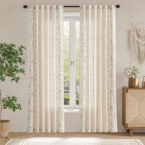 jinchan linen  Beige Boho Floral Embroidered Linen Rod Pocket Farmhouse Window Treatments 2 Panels for Bedroom Living