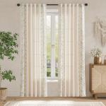 jinchan linen  Beige Boho Floral Embroidered Linen Rod Pocket Farmhouse Window Treatments 2 Panels for Bedroom Living