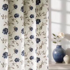 Beauoop Floral 100% Blackout Curtains 84 Inches Long 2 Panels for Bedroom Living Room Blue Brown on Beige Vintage Rose Flower Patterned Room Darkening Thermal Soundproof Grommet Window Drapes, 52X84