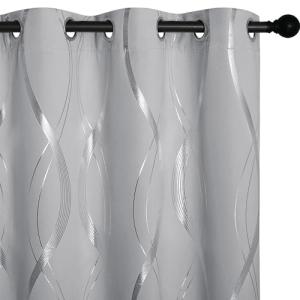 NICETOWN Silver Grey Blackout Pattern Curtains for Bedroom, 52 x 84 Inch Noise Reducing Thermal Insulated Wave Line Foil Print Design Room Darkening Window for Patio Sliding Glass Door(2 Panels)