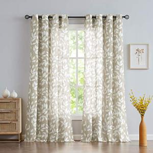 Treatmentex Leaf Semi Sheer Curtains for Living Room 84" Length with White Leaves Print Curtains for Bedroom Windows 52" w, 2 Panels Taupe, Grommet Top