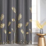 Estelar Textiler Dark Grey Blackout Curtains & Drapes 84 Inch Length 2 Panels Set for Living Room, Thermal Insulated Room Darkening Gold Palm Leaf Pattern Grommet Drapes for Bedroom, 52Wx84L,Dark Gray