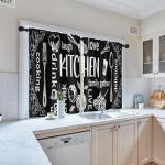 Arttown Black Kitchen Curtains 45 Inch Length White Doodle Window Short Tier Curtains Over Sink Set of 2, Modern Abstract Kitchen Decor 42x45 Inch