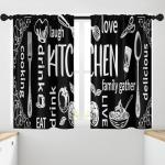 Arttown Black Kitchen Curtains 45 Inch Length White Doodle Window Short Tier Curtains Over Sink Set of 2, Modern Abstract Kitchen Decor 42x45 Inch