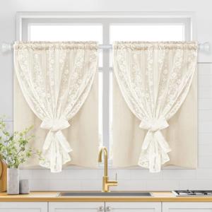 ASPMIZ Linen Kitchen Curtains 36 Inch Length, Double Layered Window Curtain 2 Panel Sets Rod Pocket Short Curtains for Kitchen, Farmhouse Window Treatment Tiers for Bathroom, Cafe, Beige