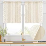 ASPMIZ Linen Kitchen Curtains 36 Inch Length, Double Layered Window Curtain 2 Panel Sets Rod Pocket Short Curtains for Kitchen, Farmhouse Window Treatment Tiers for Bathroom, Cafe, Beige