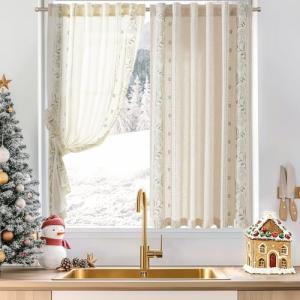 jinchan Winslow Linen Curtains 45 Inch Length Christmas Decorations Farmhouse Small Window Curtains Embroidered Bordered Floral Drapes Light Filtering for Bathroom Kitchen Sage on Beige 2 Panels