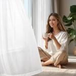 Deconovo Sheer Curtains for Living Room 2 Panels – White Textured Voile Drapes with Grommet – Light Filtering Privacy Window Curtains for Bedroom & Dining Room, 52 x 84 Inches