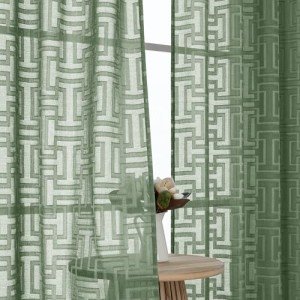 OWENIE Green Sheer Curtains 84 Inches Long 2 Panels Set for Bedroom, Light Filtering Geometric Jacquard Clip Textured Window Curtain, Modern Farmhouse Curtains for Living Room, Total Wide 84" Inch