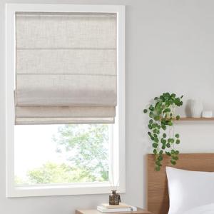 Madison Park Kyler Cordless Roman Shades - Single Panel, Lightweight Linen Blend Fabric, Natural Design, Easy Installation, Light Filtering Window Blind, Bedroom, Living Room Decor 27"W x 64"H Natural