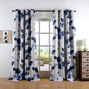 Taisier Home 72 Inch Grommet Room Darkening Window Curtain Drapes, Chinese Traditional Ink Painting Stylized Leaves and Flower,Artwork,Deep Blue Print Curtains for Living Room Bedroom and Nursery