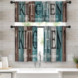 Tayney Teal and Brown Kitchen Window Curtains Valance and Tier Set 36 Inch, Rustic Farmhouse Turquoise Rod Pocket Short Tier Curtain for Bathroom, Wooden Home Small Cafe Drapes for Kitchen Decor