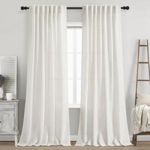 Nanspring Beige White Linen Curtains 84 Inch Length 2 Panels Set for Living Room Rod Pocket Back Tab Light Filtering Window Drapes for Bedroom Dining Room Protect Privacy Home Decor