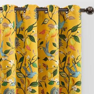 FRAMICS 100% Blackout Curtains for Bedroom Vintage Yellow Floral Curtains for Living Room 84 Inches Long, Luxury Patterned Curtain Lemon Hummingbird Grommet Thermal Insulated Drapes, 2 Panels