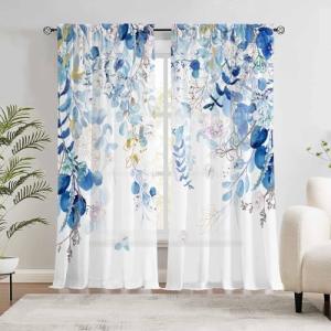 Blue Eucalyptus Curtains for Living Room 84" Length Watercolor Leaf Plant Spring Summer Blue and White Semi-Sheer Curtains for Bedroom Kitchen Windows,Botanical Nature Light Blue Gold Curtain, 2 Pack