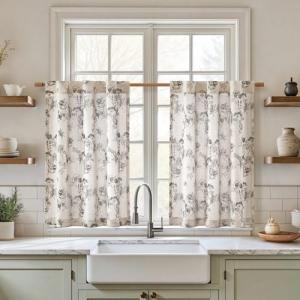 HOMEIDEAS Floral Kitchen Curtains, Brown Printed Pattern Drapes, Farmhouse Vintage Linen Blend Tier Short Curtains for Small Windows Cafe Living Room Bathroom, 2 Panels, 30" W×36" L Inches