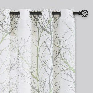 FMFUNCTEX Linen Semi Sheer Curtains for Bedroom, Sage Green White Curtains 72 Inches Long for Living Room, Grey Tree Branch PPrint Curtain Light Filtering Farmhouse Window Drapes, Grommet Top 2 Panels