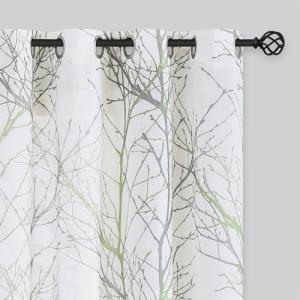 FMFUNCTEX Linen Semi Sheer Curtains for Bedroom, Sage Green White Curtains 84 Inches Long for Living Room, Grey Tree Branch Print Curtain Light Filtering Farmhouse Window Drapes, Grommet Top 2 Panels