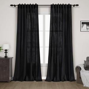 Black Linen Curtains 84 inches Long 2 Panels for Bedroom Back Tab Light Filtering Privacy Sheer Black Curtains Muslin Look Modern Farmhouse Cotton Textured Gauze Curtain for Living Room 2 Panel Set