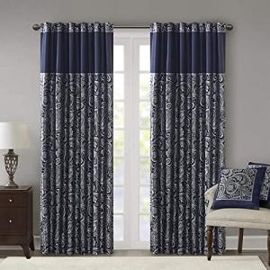 Madison Park Aubrey 2 Panel Curtain Faux Silk Paisley Jacquard, Rod Pocket Curtain For Living Room, Kitchen, Room Darkening Window Drape for Bedroom and Dorm, 2-PK 50x84", Navy