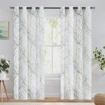FMFUNCTEX Linen Semi Sheer Curtains for Bedroom, Sage Green White Curtains 72 Inches Long for Living Room, Grey Tree Branch PPrint Curtain Light Filtering Farmhouse Window Drapes, Grommet Top 2 Panels
