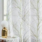 FMFUNCTEX Linen Semi Sheer Curtains for Bedroom, Sage Green White Curtains 72 Inches Long for Living Room, Grey Tree Branch PPrint Curtain Light Filtering Farmhouse Window Drapes, Grommet Top 2 Panels