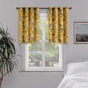 Topfinel Mustard Yellow Kitchen Tier Curtains 36 Inches Long Dark Yellow Botanical Floral Hummingbird Grommet Room Darkening Half Window Drapes, for Rv Cafe Basement Bathroom Dinning Room, 2 Panels