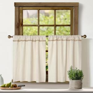 Cotton Linen Kitchen Curtains for Windows with Burlap Lace Trim Rustic Farmhouse 24 inch Rod Pocket Neutral Short Curtain Window Treatment Tiers,Set of 2