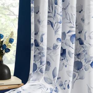 Xwincel 100% Blackout Curtains Blue Floral Pattern Curtains 63 Inches Long for Bedroom Watercolor Leaf Print Thermal Insulated Drapes for Living Room Darkening Rod Pocket Window Curtains 2 Panels