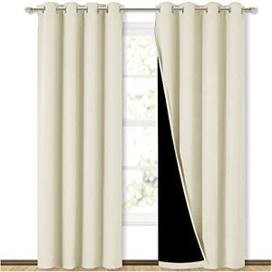 NICETOWN Living Room Completely Shaded Draperies, Privacy Protection & Noise Reducing Ring Top Drapes, Black Lined Insulated Window Treatment Curtain Panels (Beige, 2 Pieces, W52 x L84)