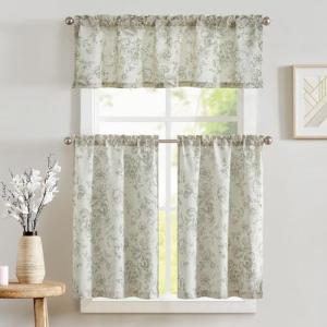 jinchan Floral Kitchen Curtains Set Linen Tier Curtains and Valance Farmhouse Drapes for Small Windows 24 Inch Length for Cafe Living Room Bathroom Rod Pocket 3 Pieces Set Brick Red on Linen