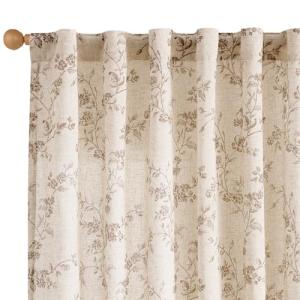 Lazzzy Taupe Floral Linen Curtains 84 Inch Farmhouse Curtain Back Tab Drapes for Living Room Bedroom Light Filtering Vintage Rod Pocket Curtains Fall Decorations for Home, 2 Panels, Taupe on Beige