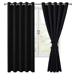 Hiasan Blackout Curtains for Bedroom, 60 x 63 Inches Length - Thermal Insulated & Noise reducing Window Curtains for Living Room, 2 Drape Panels Sewn with Tiebacks, Black