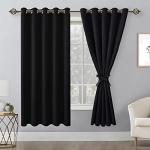 Hiasan Blackout Curtains for Bedroom, 60 x 63 Inches Length - Thermal Insulated & Noise reducing Window Curtains for Living Room, 2 Drape Panels Sewn with Tiebacks, Black