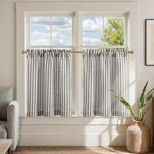 jinchan Striped Linen Kitchen Curtains 24 Inches Tier Curtains Farmhouse Modern Cafe Style Small Window Treatments Airy Light Filtering Rod Pocket for Living Room Bathroom 2 Panels Charcoal Grey