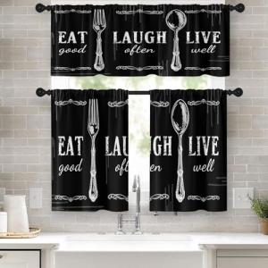 Tayney Black White Kitchen Window Curtains Valance and Tier Set 36 Inch Farmhouse Eat Good Laugh Often Live Well Rod Pocket Short Tier Curtain, Abstract Small Drapes for Kitchen Decor