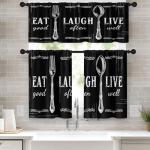 Tayney Black White Kitchen Window Curtains Valance and Tier Set 36 Inch Farmhouse Eat Good Laugh Often Live Well Rod Pocket Short Tier Curtain, Abstract Small Drapes for Kitchen Decor
