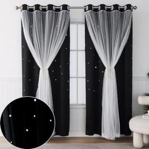 Ftinala Black Curtains for Bedroom - 63 Inch Length 1 Panel - Blackout Curtain Aesthetic Star Cutout - Double Layer with White Tulle - Kids Girls Room Decor Cute Nursery Drapes
