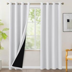 BONZER 100% Blackout Curtains 84 inches Long - 4 Panels Full Light Blocking White Window Drapes for Bedroom, Total Privacy Grommet Room Darkening Curtain with Black Backing for Living Room, Patio Door