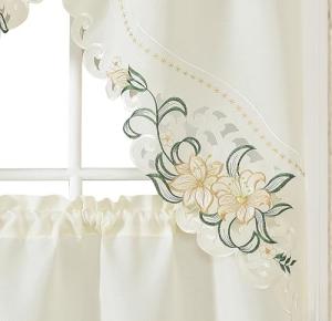 GOHD Lily Fragrance. 3pcs Multi-Color Embroidery Kitchen Cafe Curtain Set Swag and Tiers Set with cutworks. (Beige)