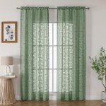 OWENIE Green Sheer Curtains 84 Inches Long 2 Panels Set for Bedroom, Light Filtering Geometric Jacquard Clip Textured Window Curtain, Modern Farmhouse Curtains for Living Room, Total Wide 84" Inch