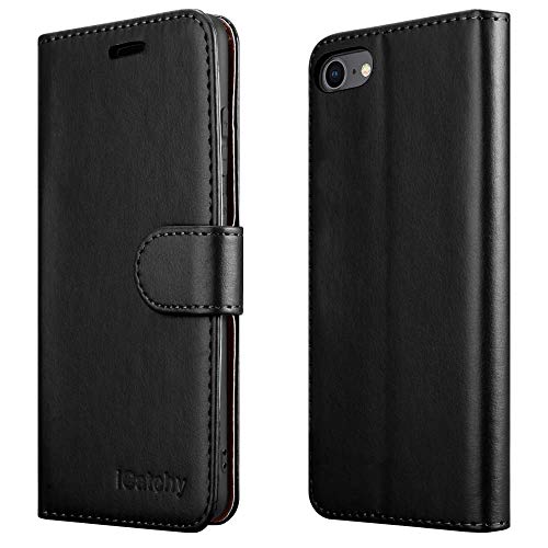 iCatchy For iPhone SE 2022 Case SE 2020 Case, iPhone 8 Case iPhone 7 Case Leather Wallet Book Flip Folio Stand View Case Compatible with iPhone se 2022/2020 Phone Case Cover (Black)
