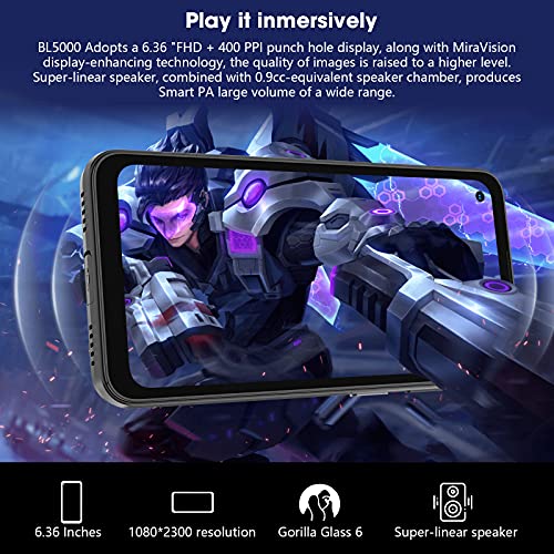 5G Rugged Phone, Blackview BL5000 Dimensity 700 Octa-Core Pro Gaming System, 8GB+128GB, 1080*2300 6.36’’ FHD+, 16MP+12MP, 30W Fast Charging, Android Rugged Phone, 5G Dual SIM, Fingerprint, NFC - Black
