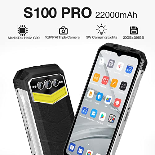DOOGEE S100 PRO (2023) Rugged Smartphone Android 12, 22000mAh, 20GB+256GB/TF 2TB Rugged Phone, 3W Camping Lights, 6.58''FHD+ 120Hz Display, 108MP AI Triple Camera, Dual SIM IP68 Waterproof Phones, NFC