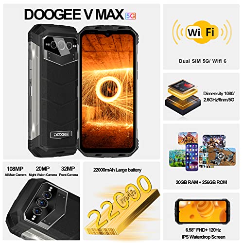 DOOGEE V MAX (2023) 5G Rugged Smartphone, 22000mAh, 20GB+256GB/TF 2TB Dimensity 1080 Rugged Phone, 6.6'' FHD+ 120Hz Display, 108MP+20MP Night Vision Camera, Android 12 IP68 Waterproof Mobile Phone,NFC