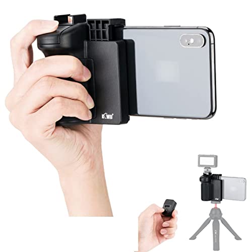 KIWIFOTOS 3 in 1 Cell Phone Tripod Mount, Phone Camera Grip Handle Holder with Detachable Bluetooth Shutter Remote Control and Cold Shoe Mount for iPhone Android Smartphone Selfie Vlog Video Shooting