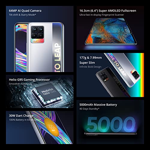 realme 8, 6+128GB, Punk Black, Sim Free Unlocked Smartphone, 6.4” AMOLED Screen, 64MP AI Quad Camera, Massive 5000mAh Battery + UK Warranty